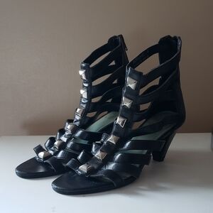Browns Black Leather Gladiator Heels / Sandals - Zip Back, Moto Punk Studs *